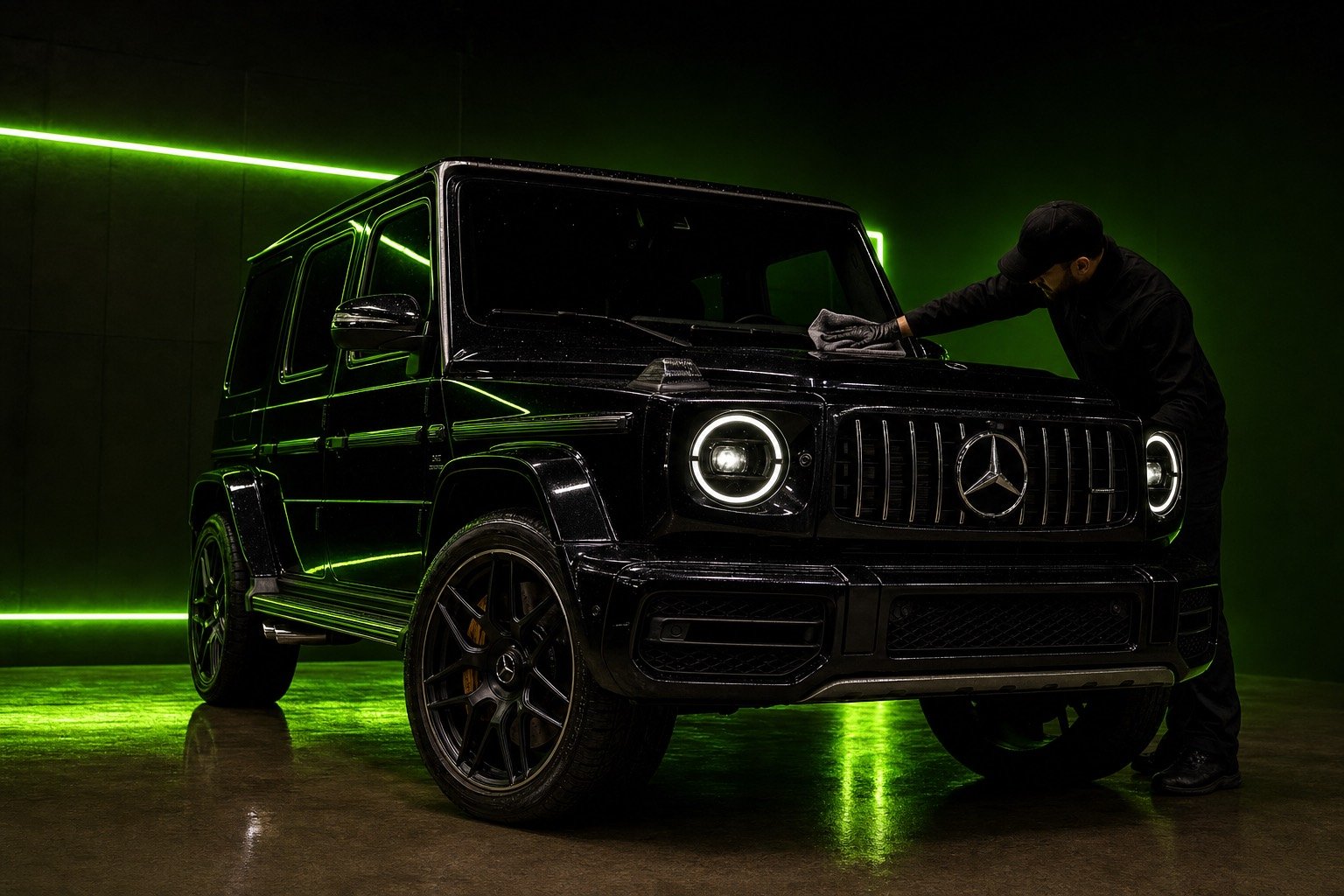 A detailer finishing the bonnet of a black Mercedes-AMG G63 by hand against a green neon wall