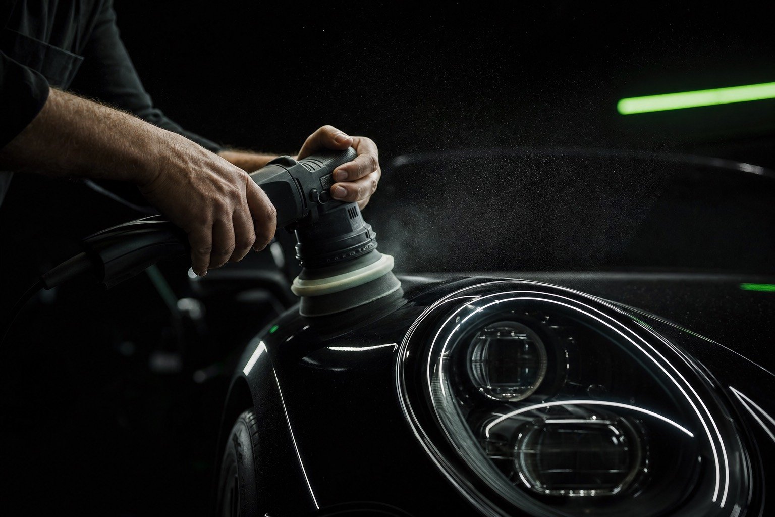 Machine-polishing the front wing of a black Porsche 911 before coating, polish dust caught in the studio light